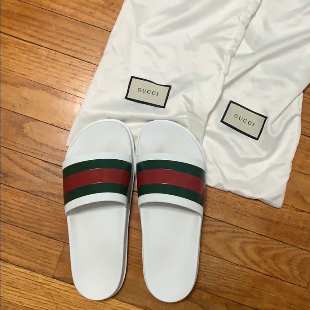Gucci White Web Slide Sandals
